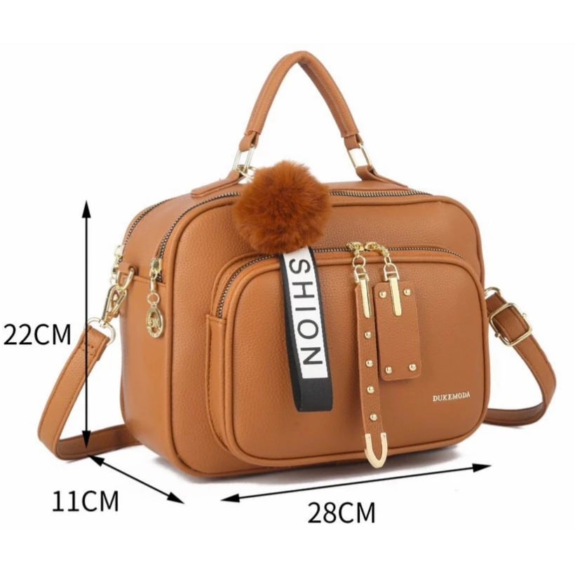 Bolsa Feminina Com Chaveiro Pompom Tira Colo Faixa de Mão De Couro Tranversal