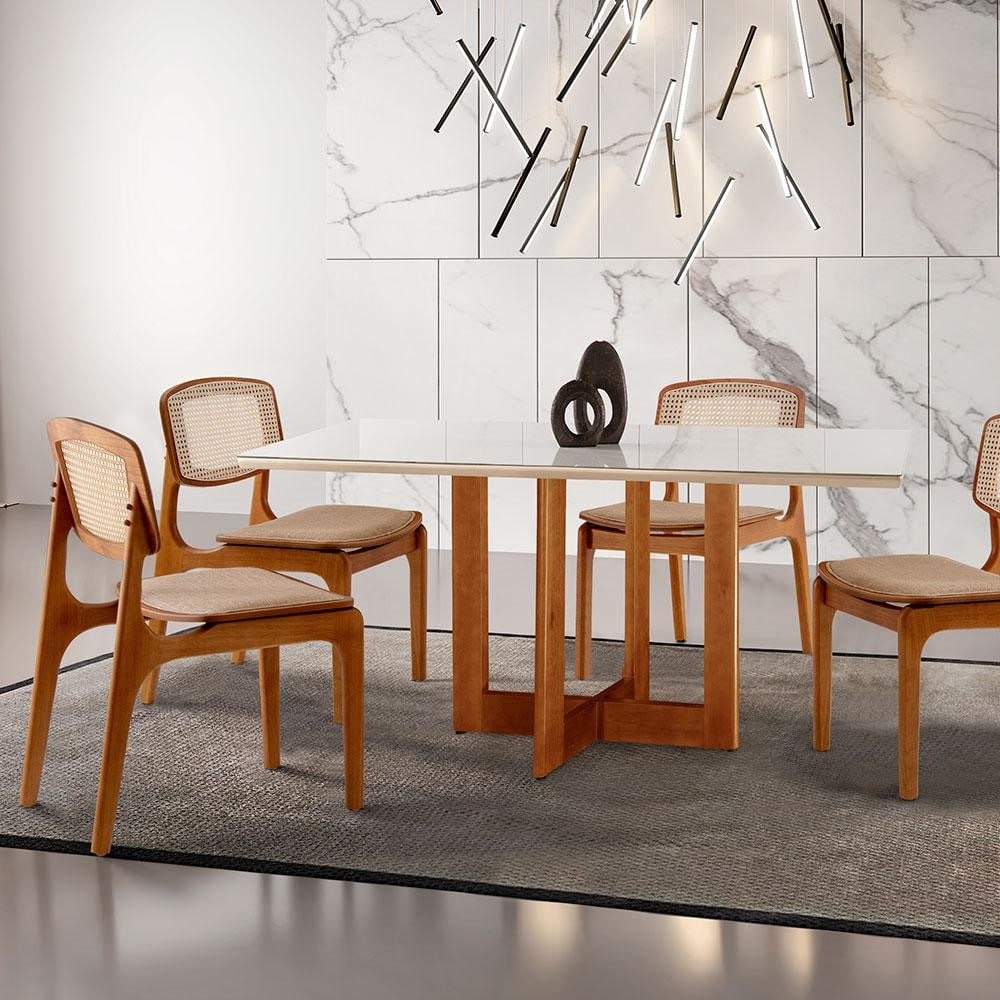 Conjunto de Mesa de Jantar Retangular com Tampo de Vidro Off White Talia e 4 Cadeiras Prada Premium Linho Palha e Imbuia