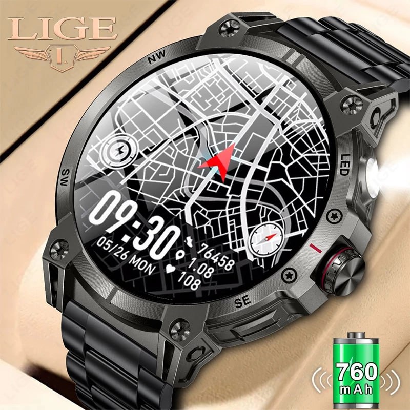 LIGE LED Lanterna Smartwatch Relógio Inteligente Original 1.85 " HD Tela Grande Esportes Ao Ar Livre IP68 Bússola À Prov