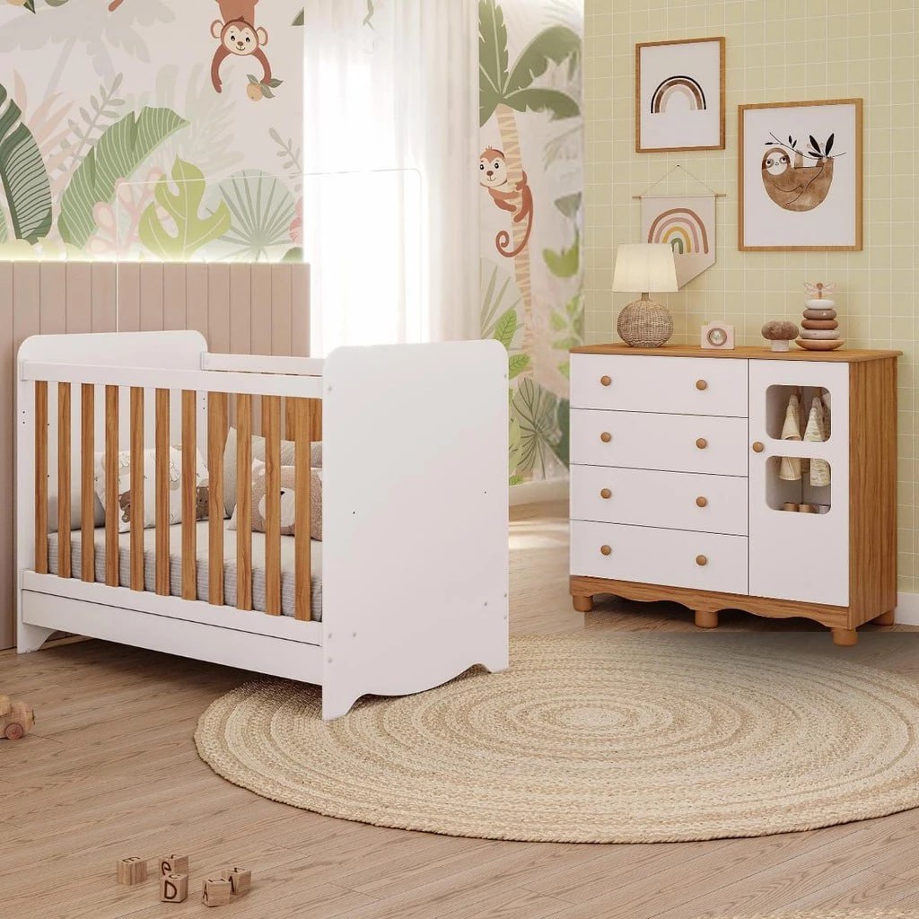 Quarto de Bebê Completo com Berço Americano Ben 3 Em 1 Cômoda Uli 4 Gavetas 100%MDF