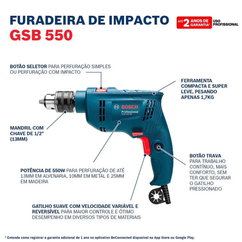 Furadeira de Impacto 1/2 Pol 13mm 550W GSB 550 RE Bosch