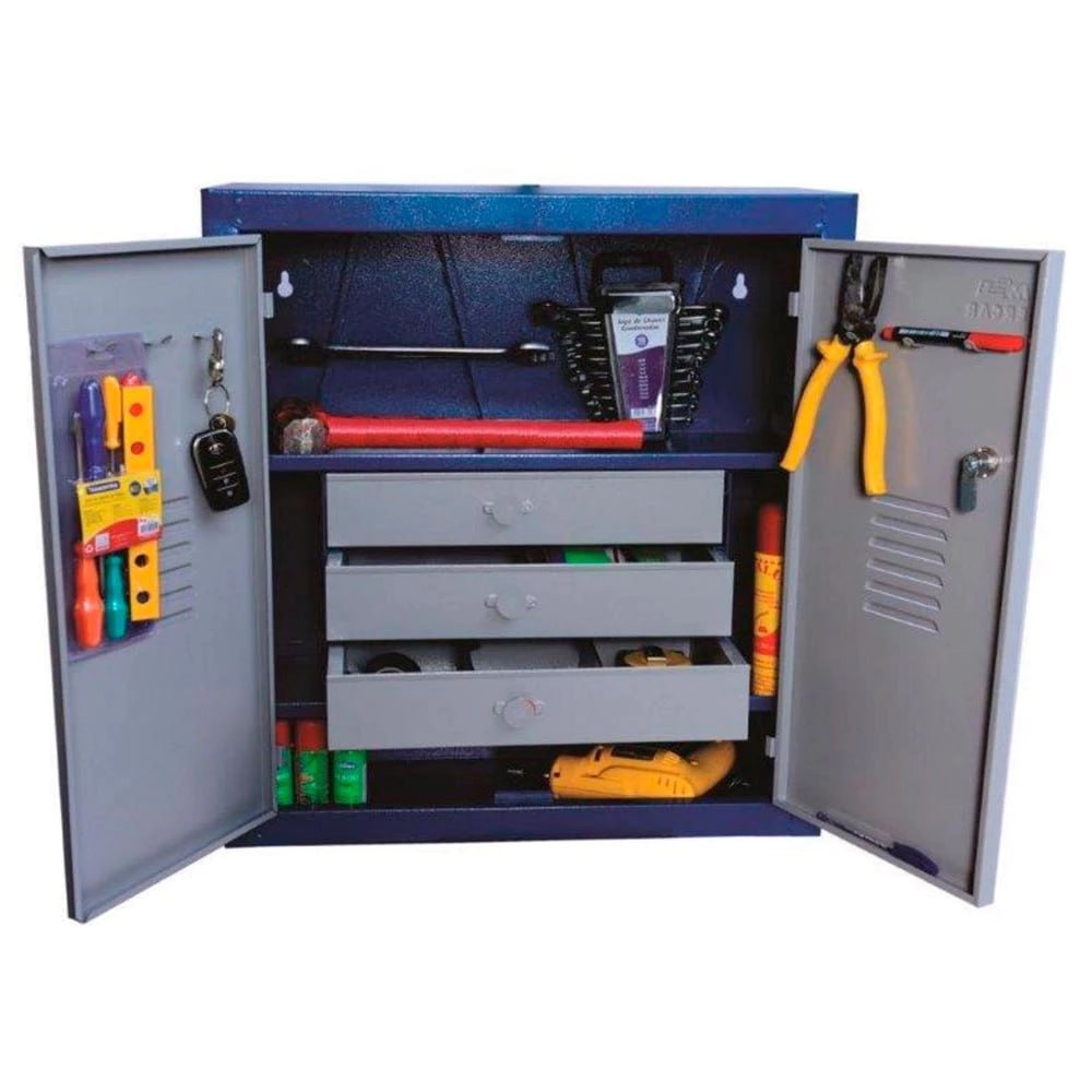 ARMÁRIO MULTIUSO DE PAREDE OU CHÃO COM CHAVE GUARDA VOLUME 3 GAVETAS N°9 FERCAR