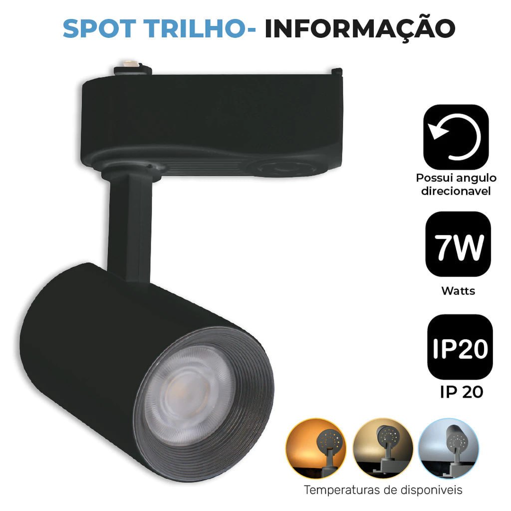 Trilho Spot LED 7W 360° para trilho eletrificado, luz branca, neutra e amarela, modelo econômico, bivolt 110V-220V.
