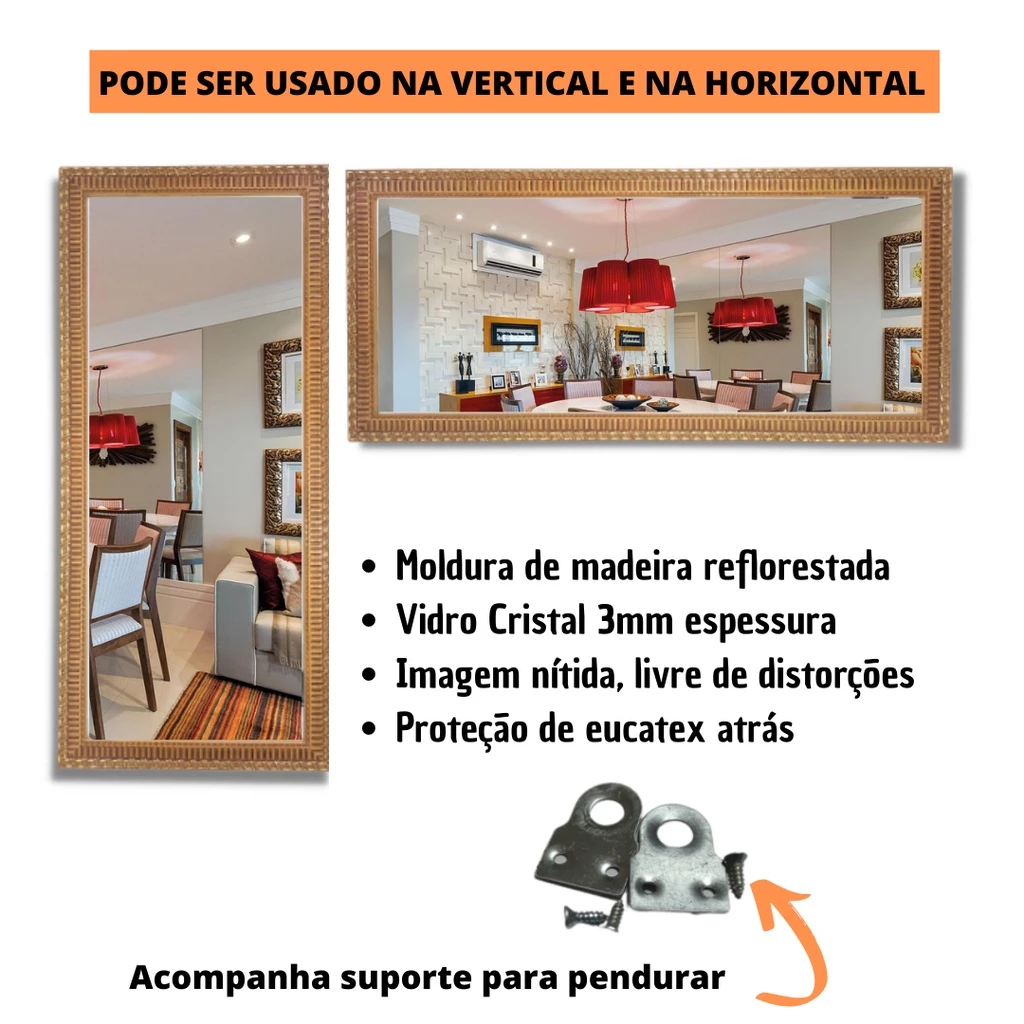 Espelho Decorativo Com Moldura Retangular Para Quarto Sala 42x92cm Imagem Nítida