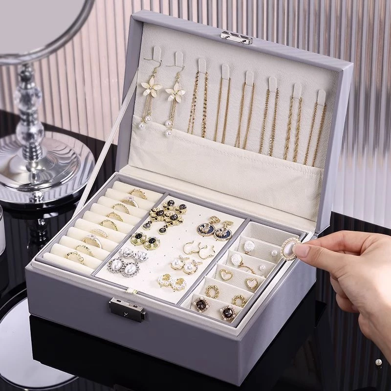 Porta joias couro armazenamento 2 camadas de alta qualidade